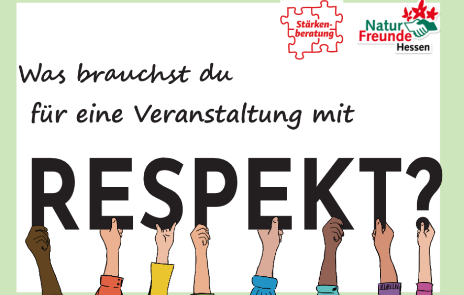 Schrift auf weißem Hintergrund "Was brauchst du für eine Veranstaltung mit Respekt", die Buchstaben von "Respekt" werden von gezeichneten Händen gehalten. Oben rechts ist das Logo der Stärkenberatung und der Naturfreunde Hessen. 
